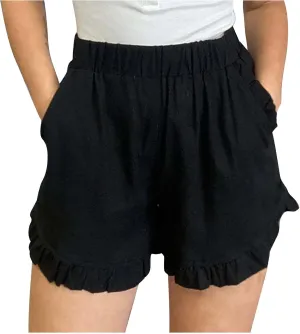 Linen Shorts for Women Scallop Hem Elastic Shorts Summer Beach Casual Comfy Shorts Bermuda Shorts High Waist Shorts