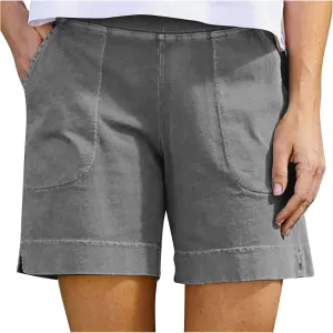 Linen Shorts for Women Trendy Cotton Shorts Solid Bermuda Shorts Casual Elastic Waist Shorts, Sales Today Clearance