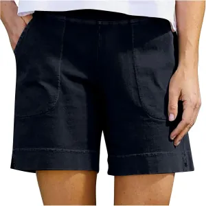 Linen Shorts for Women Trendy Cotton Shorts Solid Bermuda Shorts Casual Elastic Waist Shorts, Sales Today Clearance