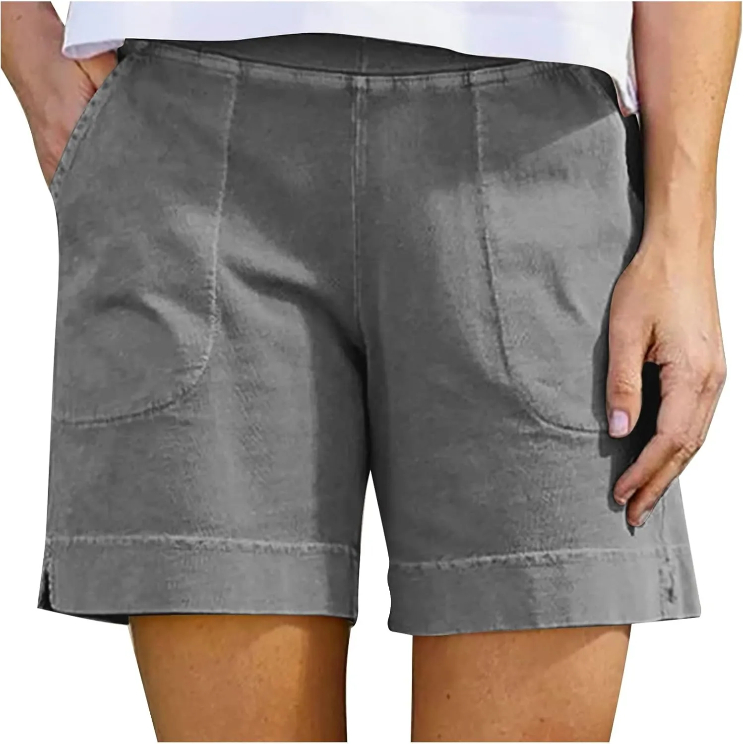 Linen Shorts for Women Trendy Cotton Shorts Solid Bermuda Shorts Casual Elastic Waist Shorts, Sales Today Clearance