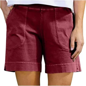 Linen Shorts for Women Trendy Cotton Shorts Solid Bermuda Shorts Casual Elastic Waist Shorts, Sales Today Clearance