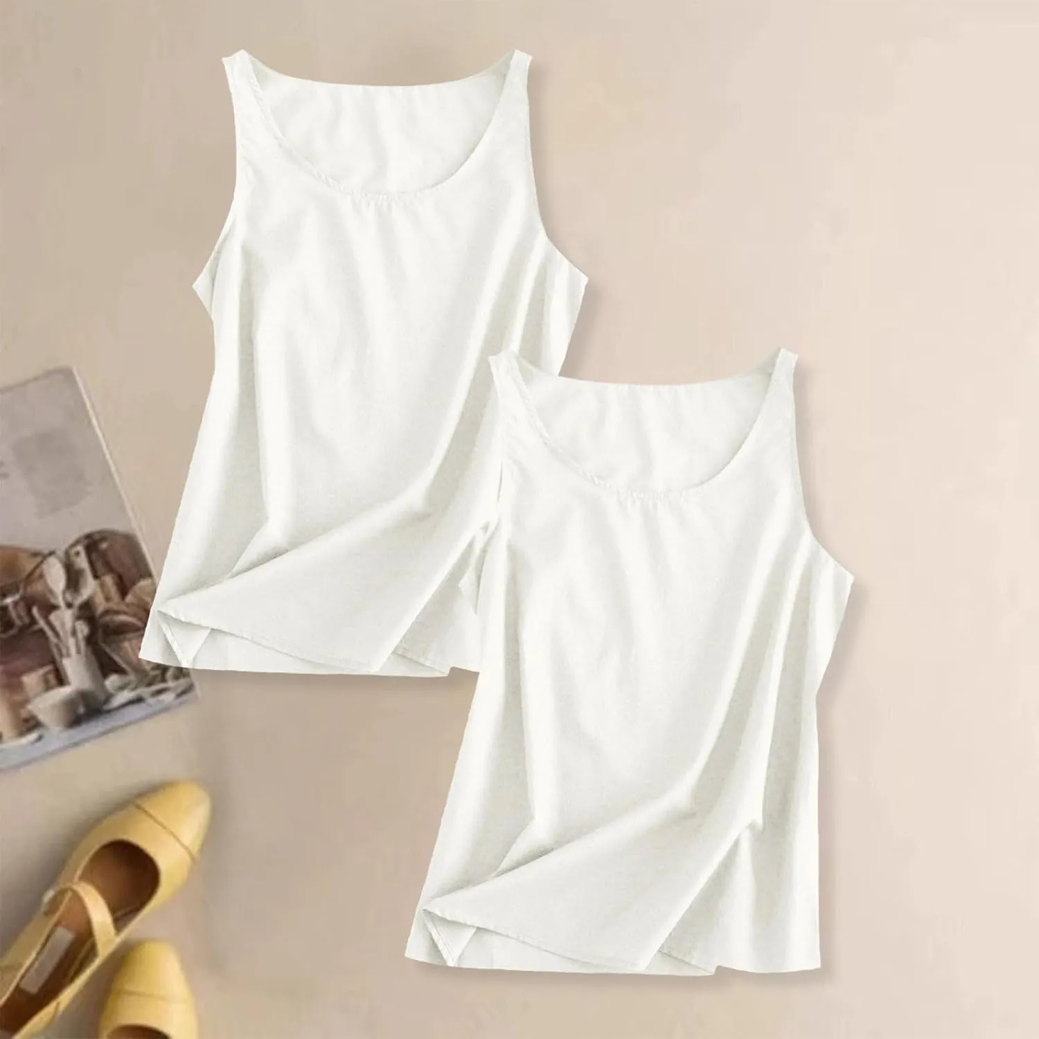 Linen Tank Tops for Women 2025 Summer Vacation Casual Tops Loose Fit Sleeveless Scoop Neck Camisole Shirt Lightweigh