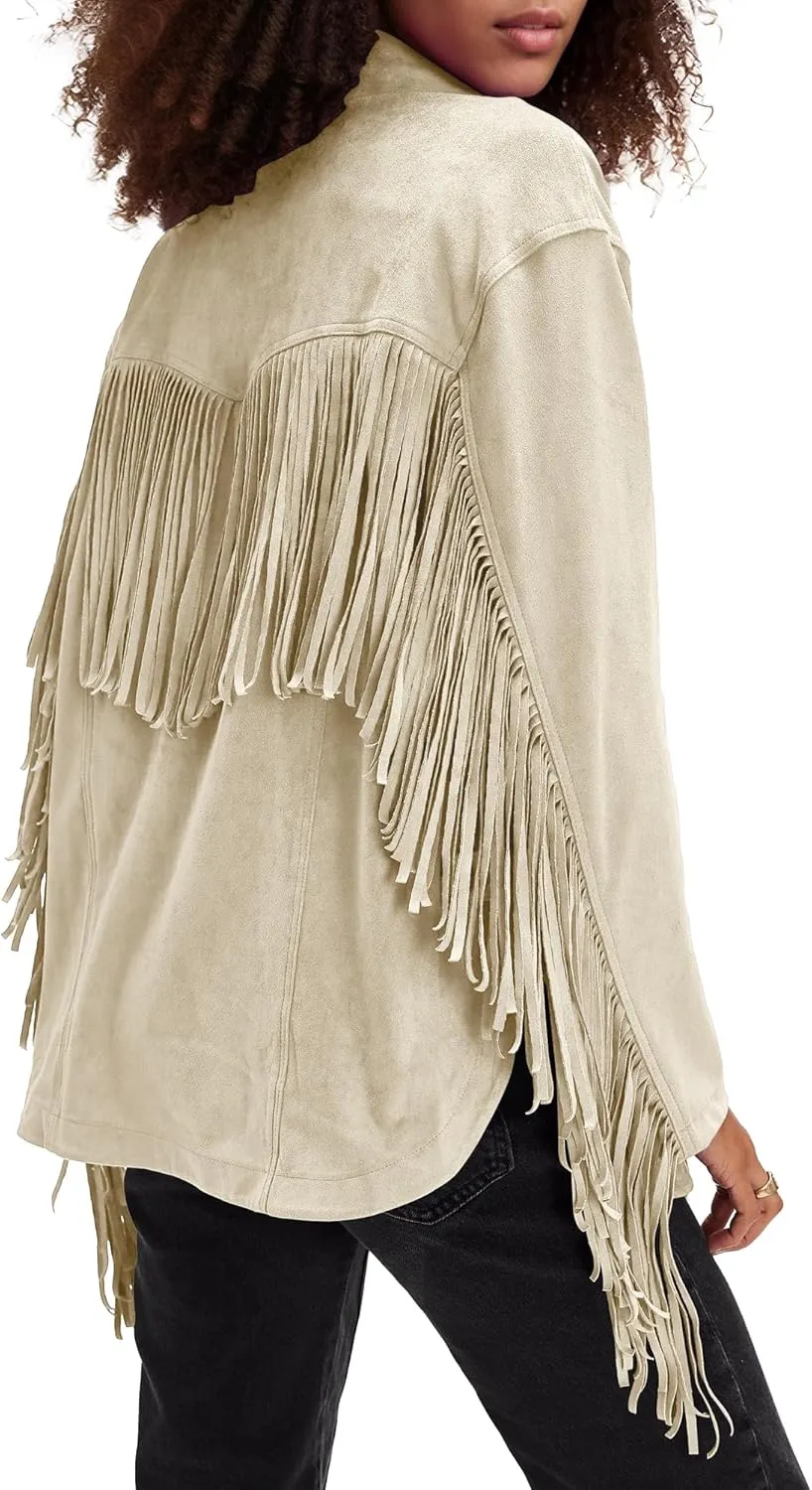 Locachy Women's Faux Suede Fringe Jacket Vintage Western Cowgirl Tassel Jackets Country Concert Outfits