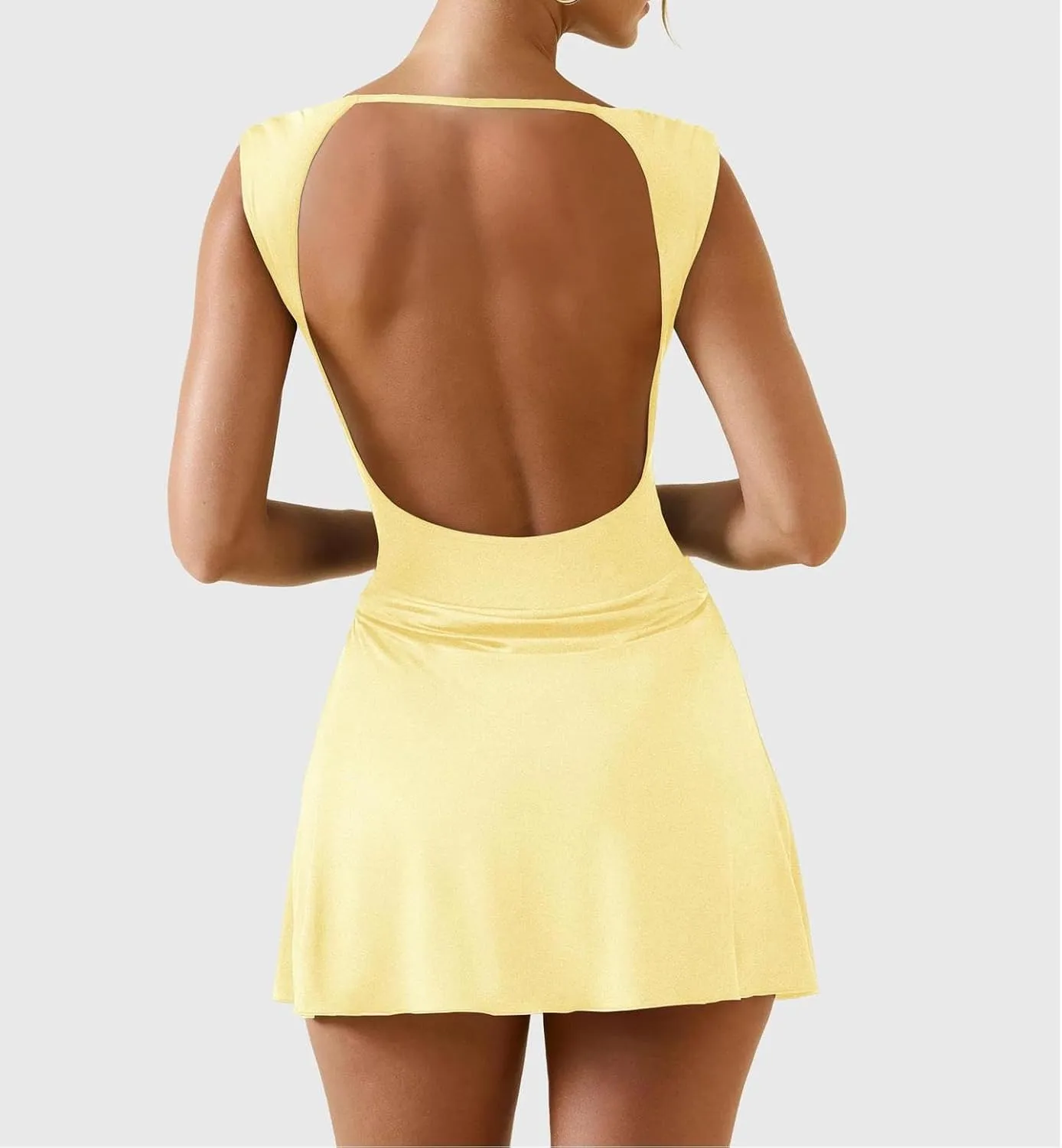 LOFAAC Women Sexy V Neck Backless Bodycon Mini Dress Slim Fit Sleeveless Ruched Formal Going Out Short Dress 2025 Summer