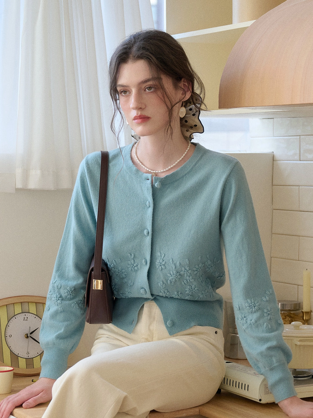 Lola Round Neck Embroidery Wool Cardigan Daily Comforted ZeroWaste Manufacturing