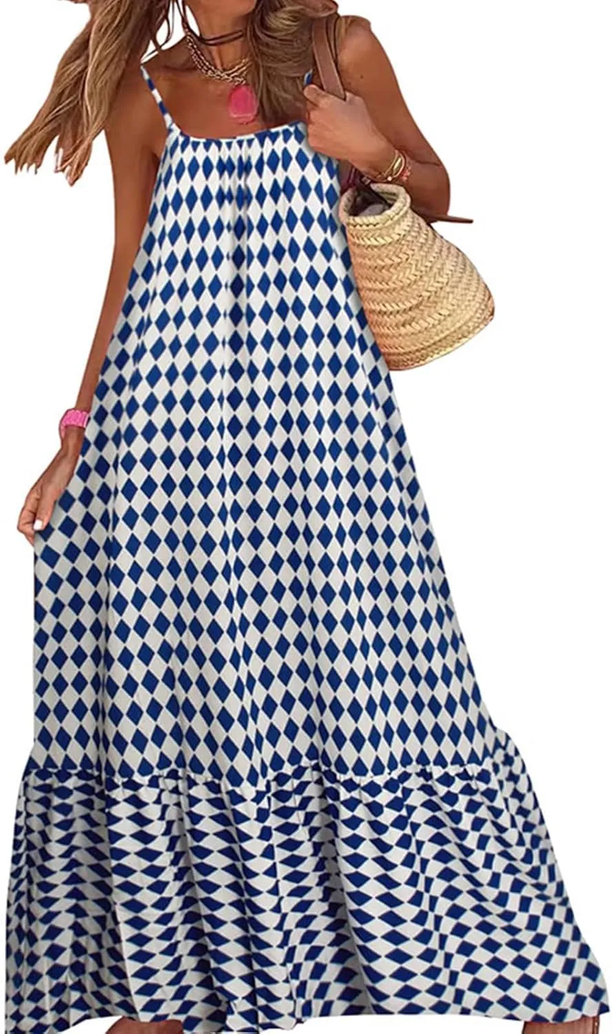 Long Dresses for Women Summer Boho Maxi Dress Sexy Spaghetti Straps Sleeveless Casual Dresses Floral Flowy Swing Dress