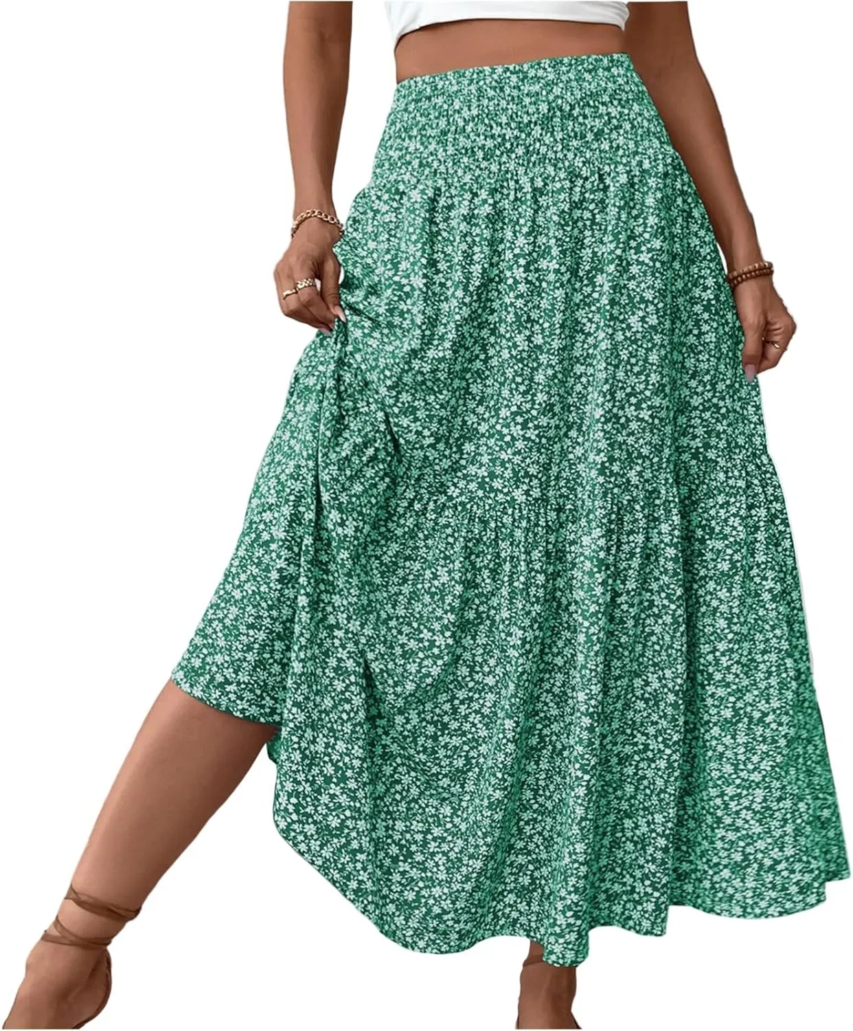 Long Flowy Skirts for Women Summer Elastic Waist Floral Maxi Skirt with Pockets Smocked Ruffle Tiered Boho A Line Skorts