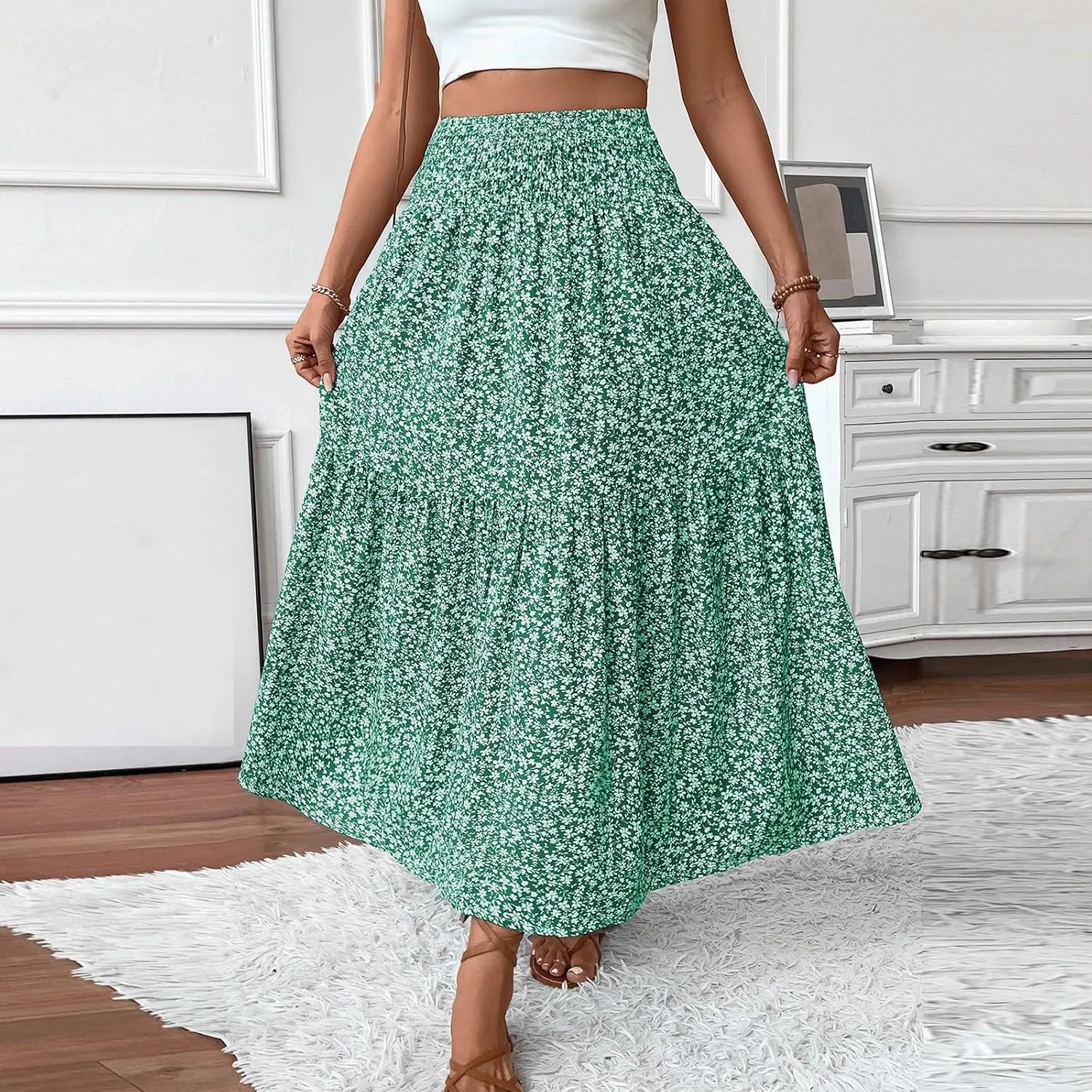 Long Flowy Skirts for Women Summer Elastic Waist Floral Maxi Skirt with Pockets Smocked Ruffle Tiered Boho A Line Skorts