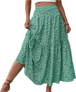 Long Flowy Skirts for Women Summer Elastic Waist Floral Maxi Skirt with Pockets Smocked Ruffle Tiered Boho A Line Skorts