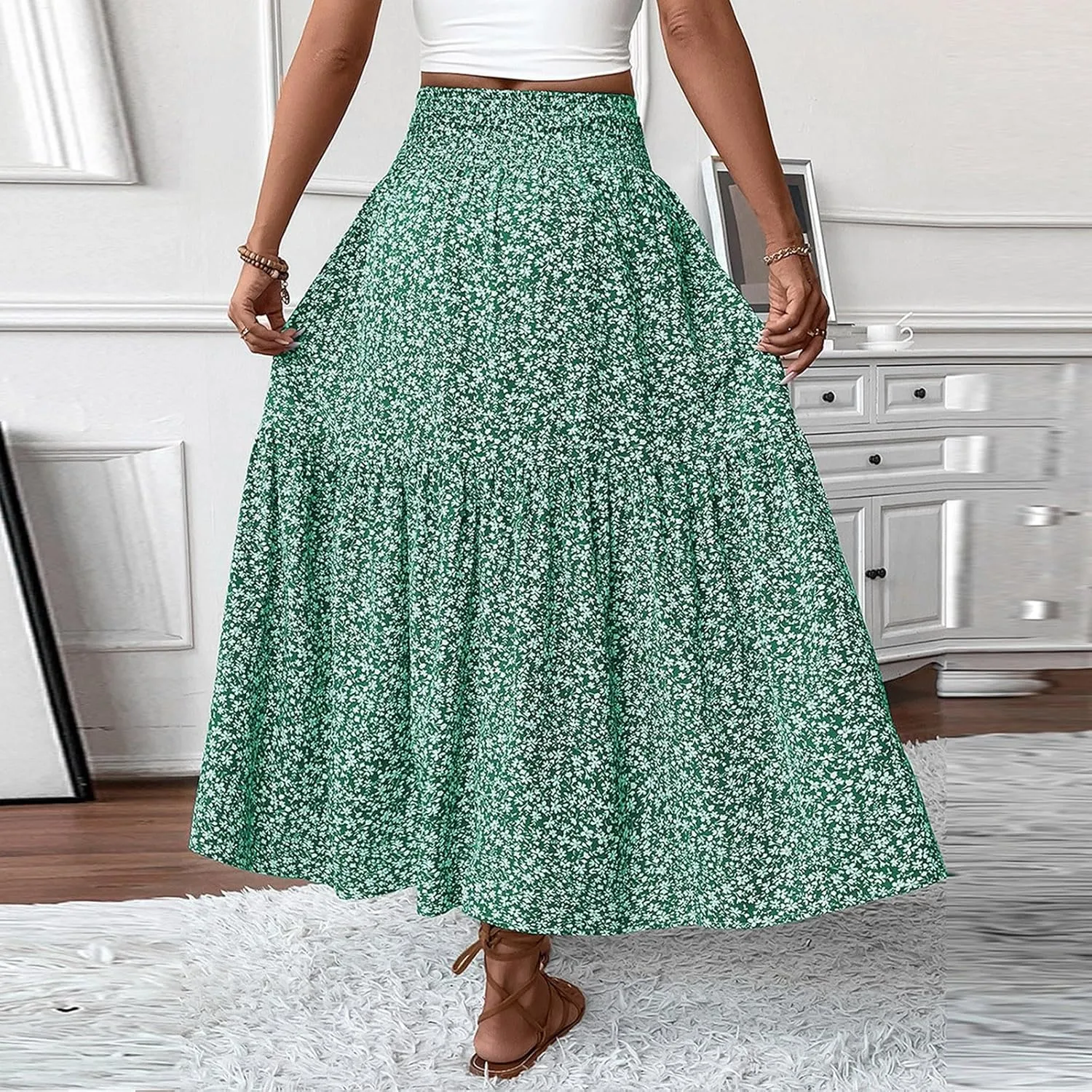 Long Flowy Skirts for Women Summer Elastic Waist Floral Maxi Skirt with Pockets Smocked Ruffle Tiered Boho A Line Skorts