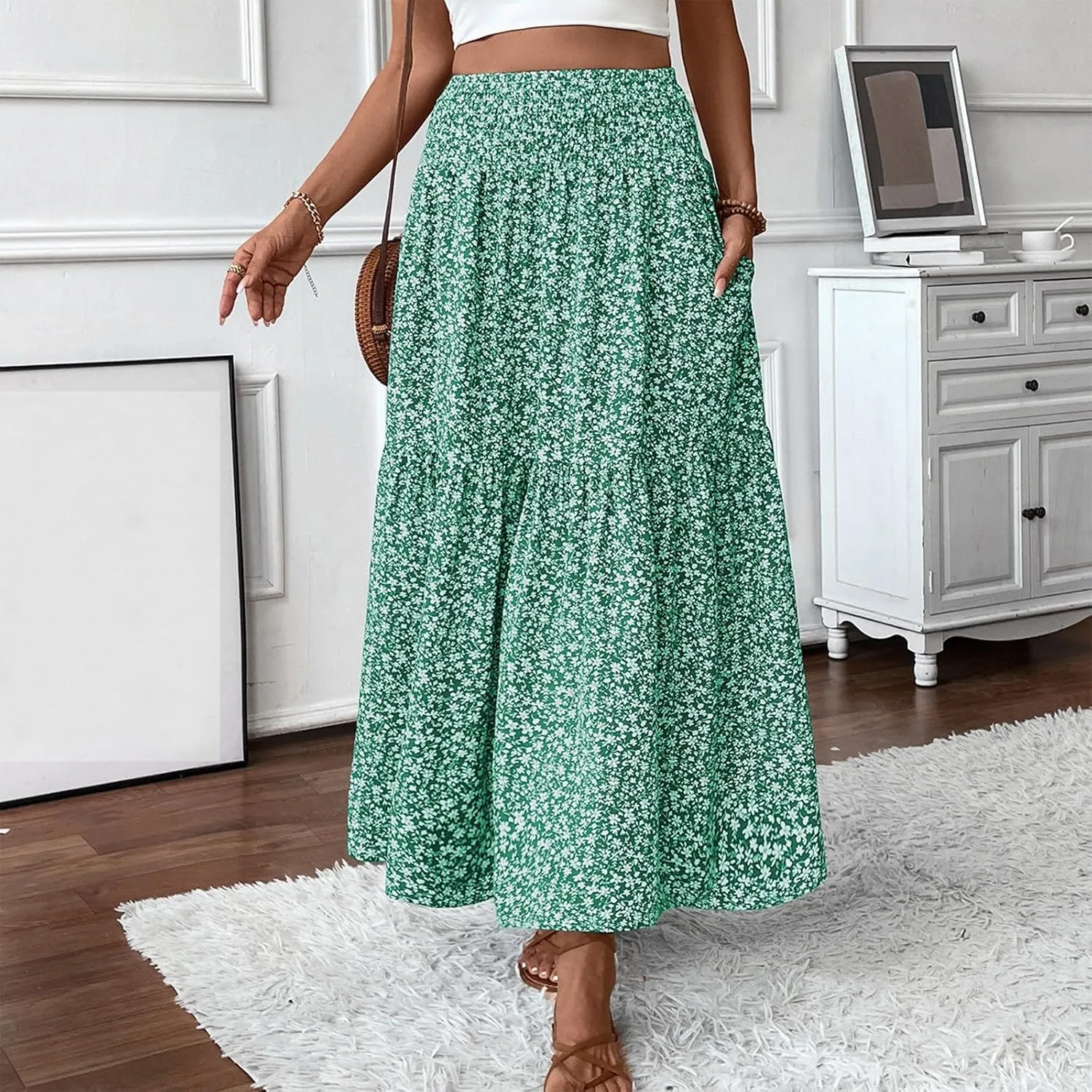 Long Flowy Skirts for Women Summer Elastic Waist Floral Maxi Skirt with Pockets Smocked Ruffle Tiered Boho A Line Skorts