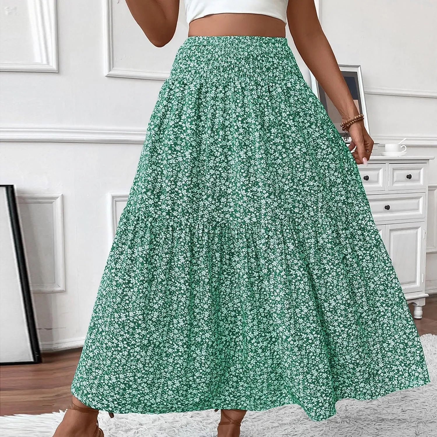 Long Flowy Skirts for Women Summer Elastic Waist Floral Maxi Skirt with Pockets Smocked Ruffle Tiered Boho A Line Skorts