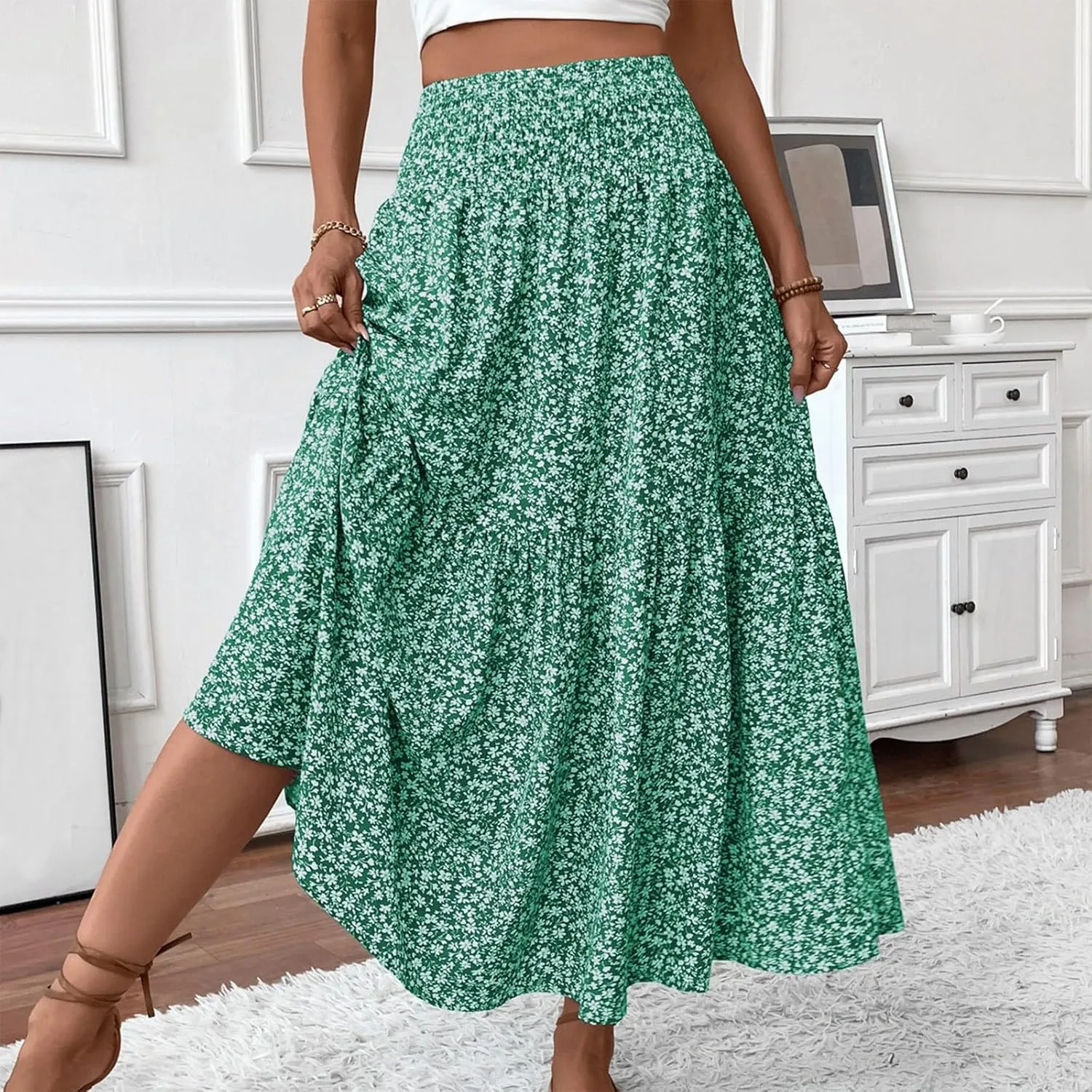 Long Flowy Skirts for Women Summer Elastic Waist Floral Maxi Skirt with Pockets Smocked Ruffle Tiered Boho A Line Skorts