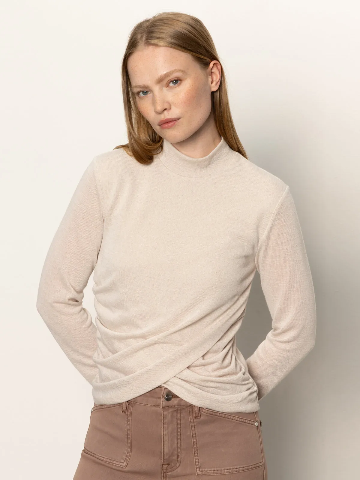 Long Sleeve Draped Mock Neck Top Mother Of Pearl Sleek Stretch Fit
