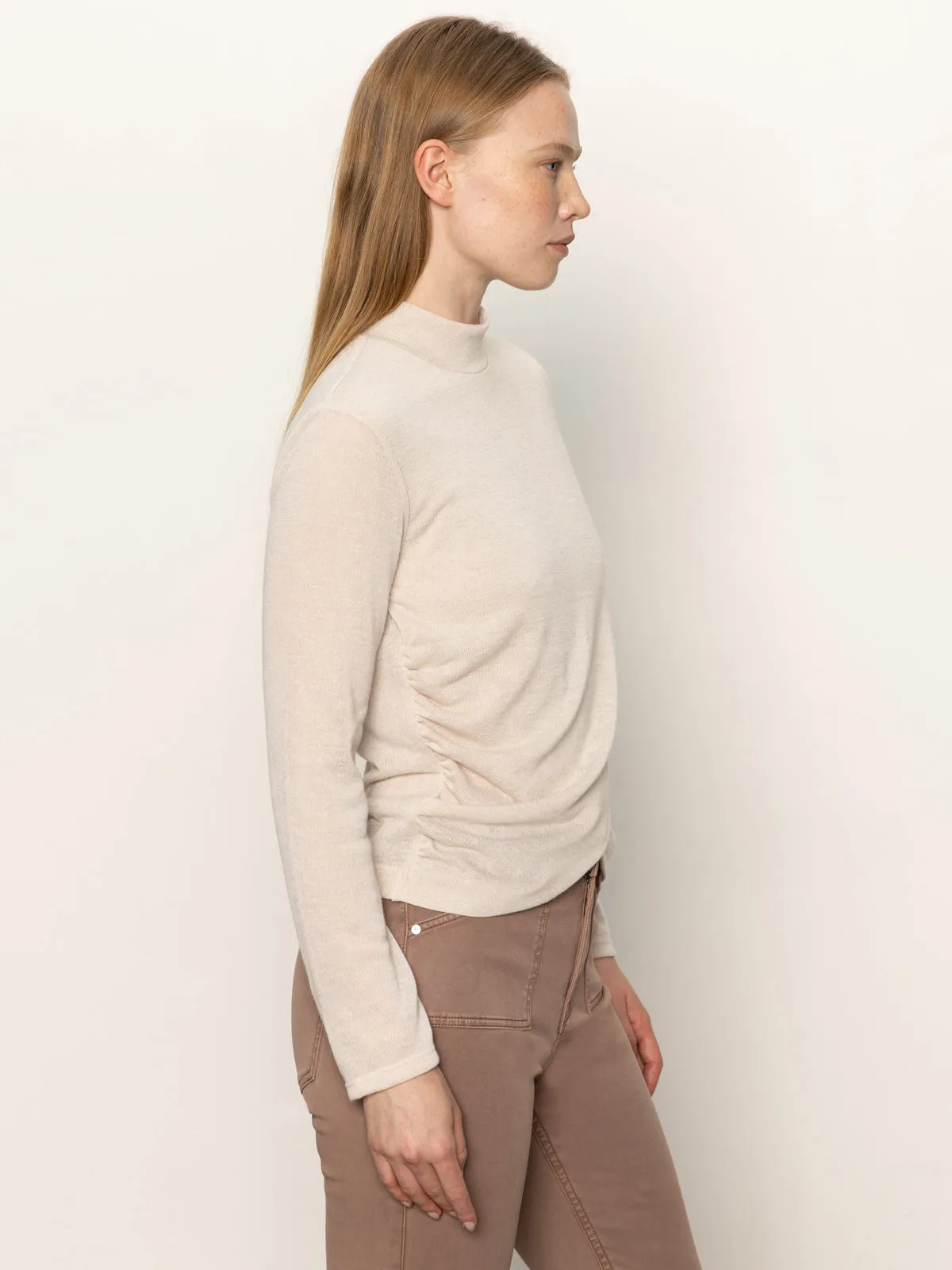Minimalist Stitching Long Sleeve Draped Mock Neck Top Mother Of Pearl