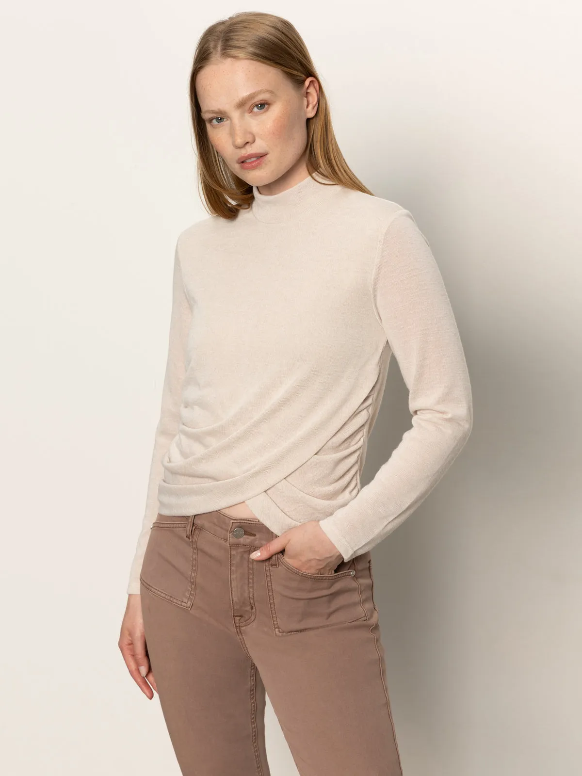 Long Sleeve Draped Mock Neck Top Mother Of Pearl Anti Perspiration Lining