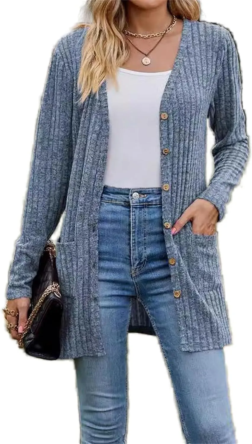 Long Sleeve Open Front Coat with Pockets Lightweight Soft Knit Cardigan for Women Chunky Cable Knit Cardigans