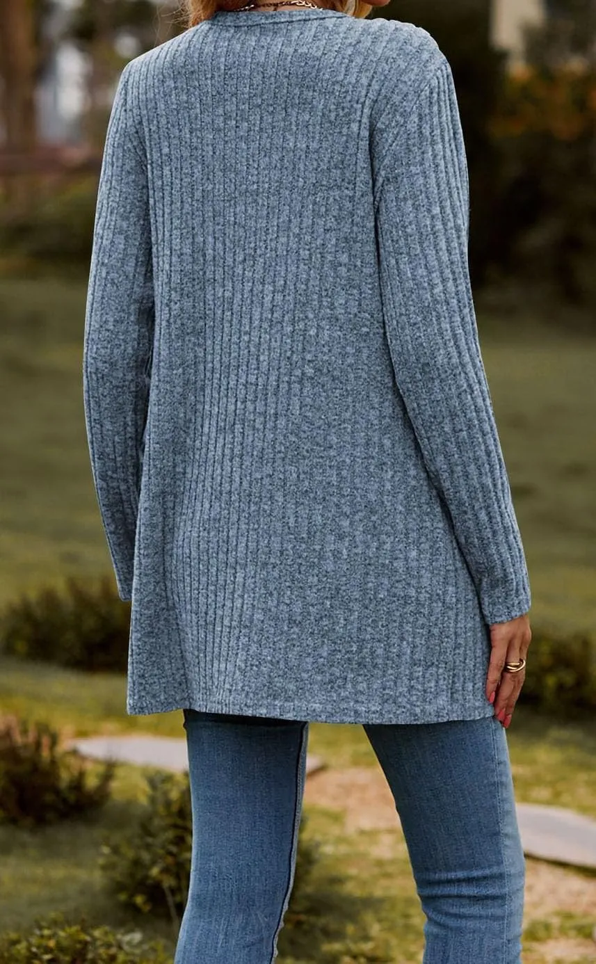 Long Sleeve Open Front Coat with Pockets Lightweight Soft Knit Cardigan for Women Chunky Cable Knit Cardigans