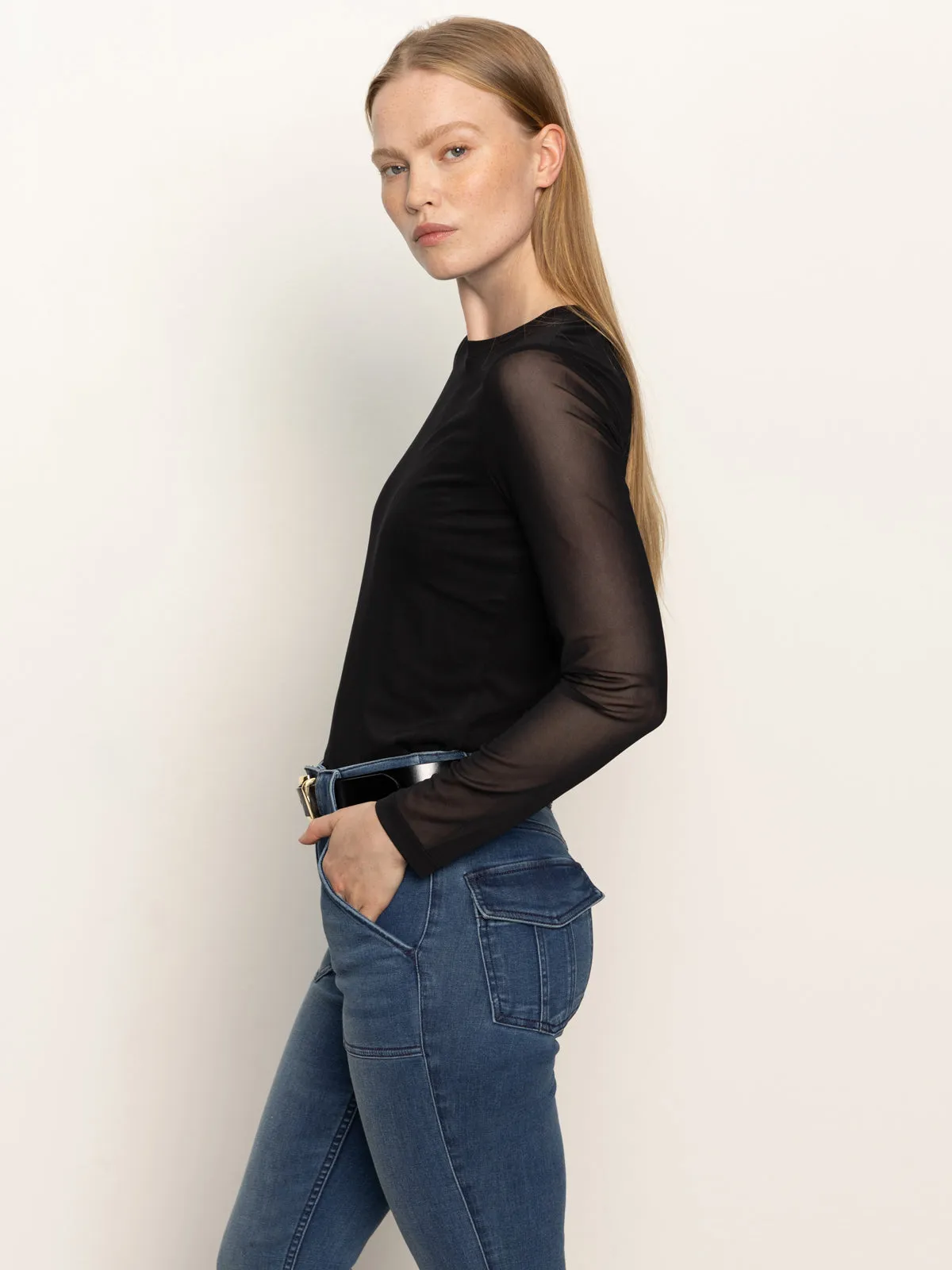 Long Sleeve Perfect Mesh Tee Black Easy Wear Style Linen blend