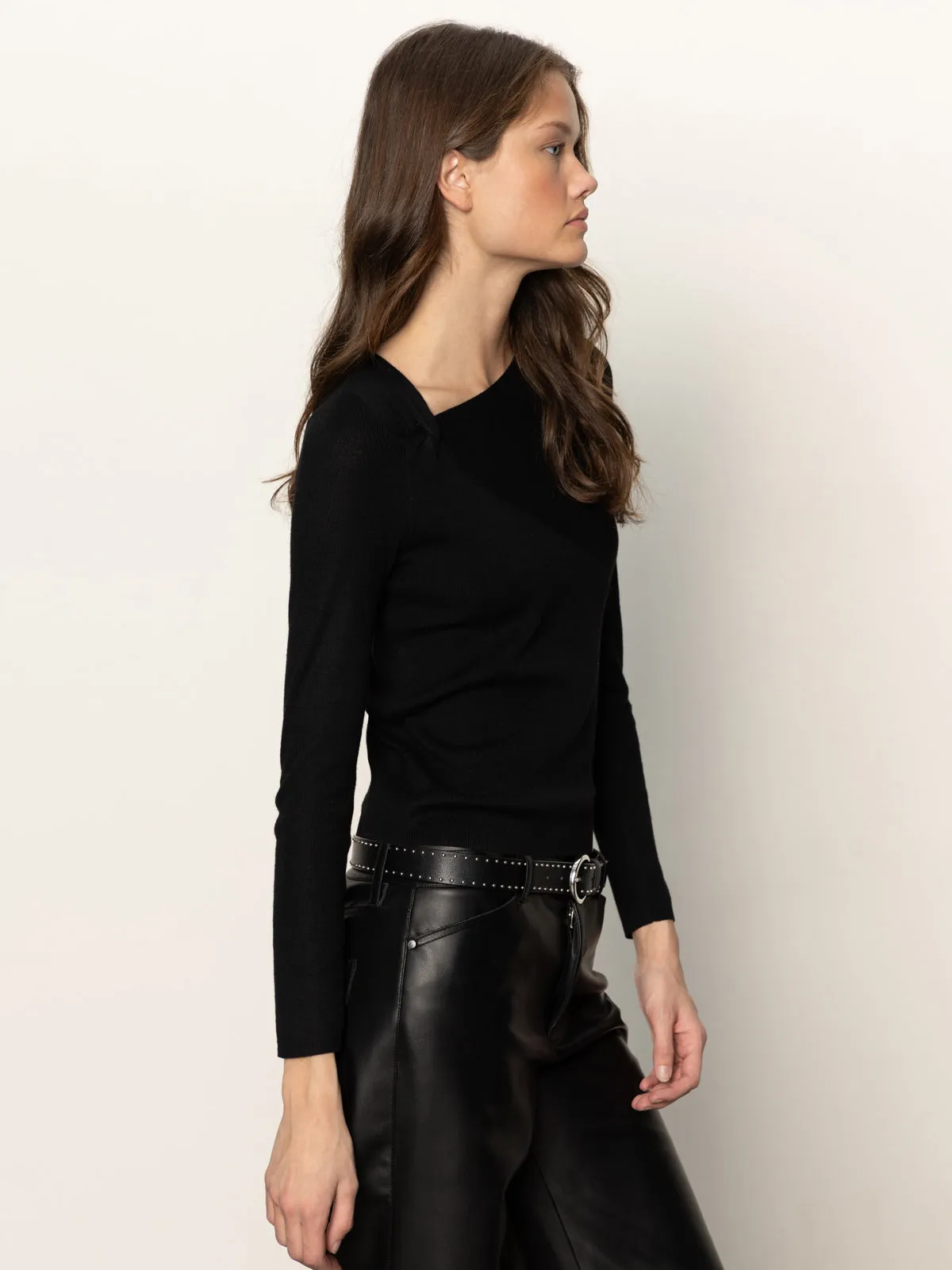 Skin Friendly Lining Long Sleeve Shoulder Twist Top Black