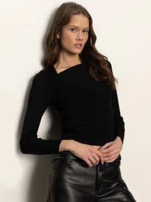 Versatile Fashion Sport Flex Long Sleeve Shoulder Twist Top Black