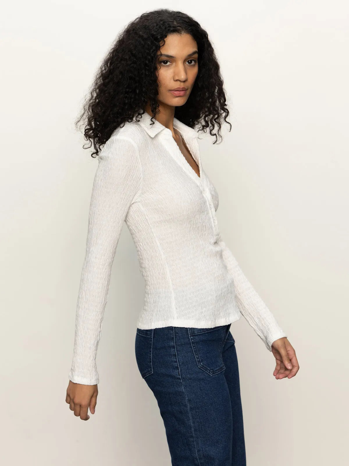 Long Sleeve Textured Top Chalk FlexibleCollarOptions