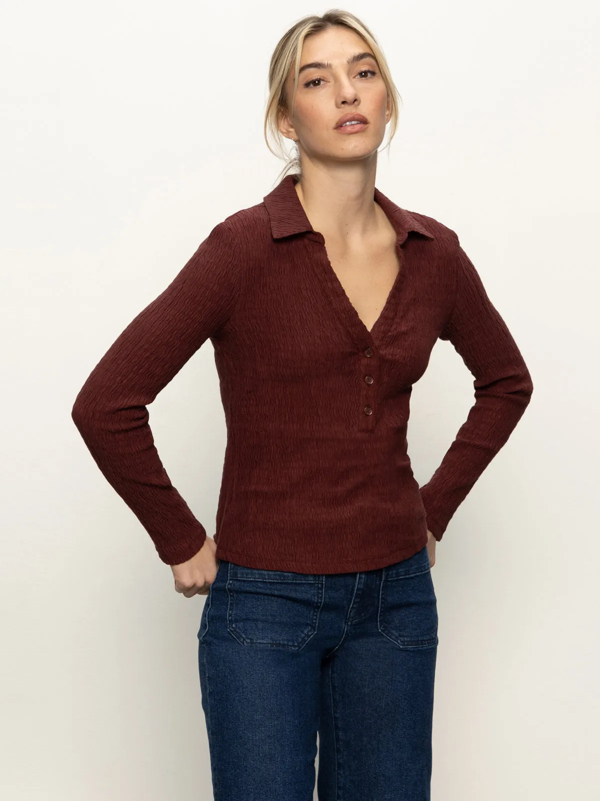 Non Shrink Material Reinforced Shoulder Seams Long Sleeve Textured Top Chicory