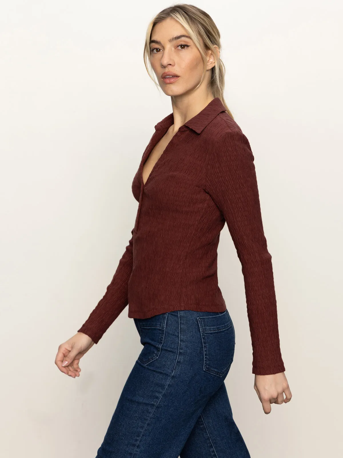 Long Sleeve Textured Top Chicory suitable for all genders