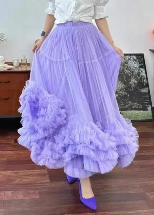 Loose Apricot Ruffled Elastic Waist Tulle Skirts Summer AH449