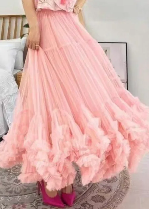 Loose Apricot Ruffled Elastic Waist Tulle Skirts Summer AH449