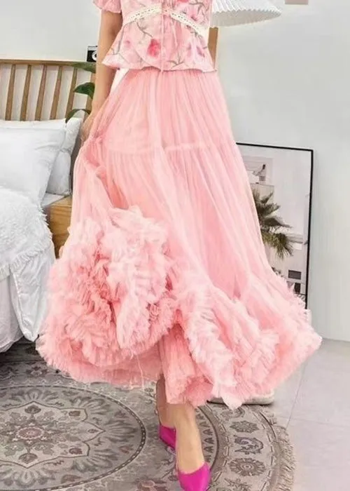 Loose Apricot Ruffled Elastic Waist Tulle Skirts Summer AH449