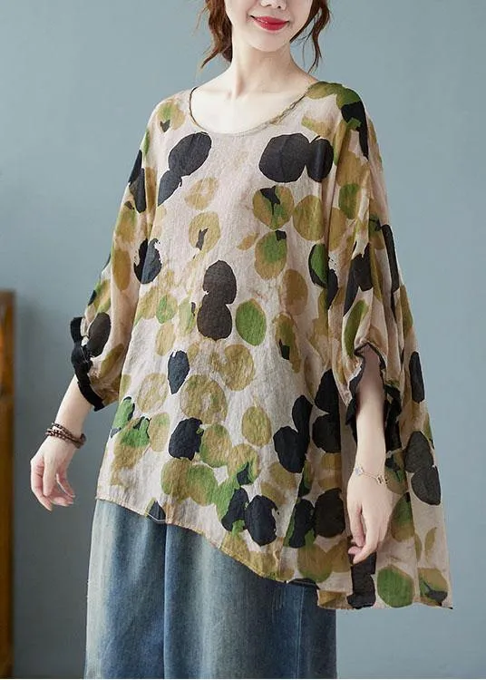 Loose Blue Dotted Batwing Sleeve Cotton Linen Tee