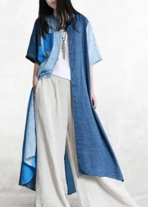 Loose Blue Patchwork Button Linen Long Shirts Short Sleeve LY5129