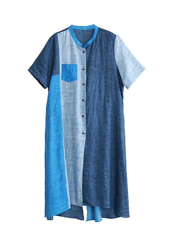 Loose Blue Patchwork Button Linen Long Shirts Short Sleeve LY5129