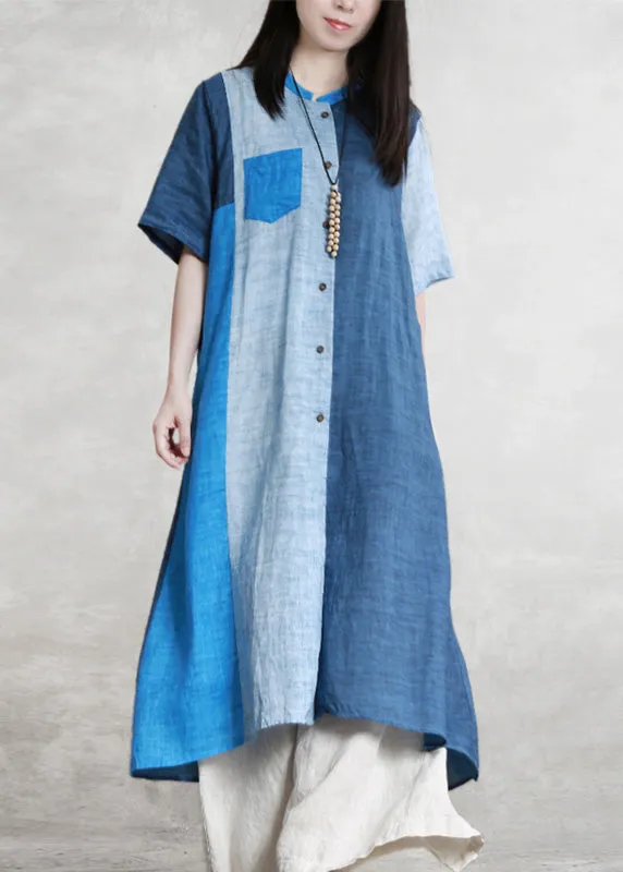 Loose Blue Patchwork Button Linen Long Shirts Short Sleeve LY5129