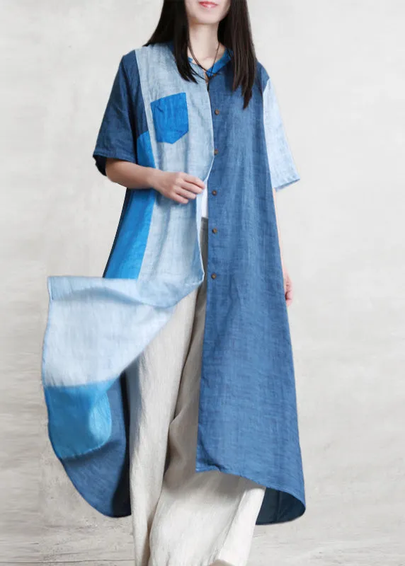 Loose Blue Patchwork Button Linen Long Shirts Short Sleeve LY5129