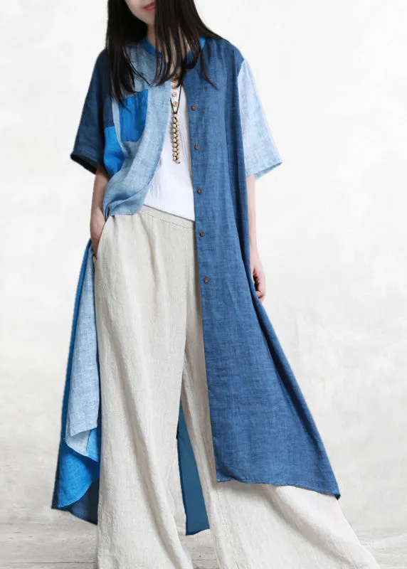 Loose Blue Patchwork Button Linen Long Shirts Short Sleeve LY5129
