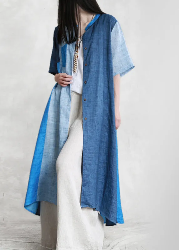 Loose Blue Patchwork Button Linen Long Shirts Short Sleeve LY5129