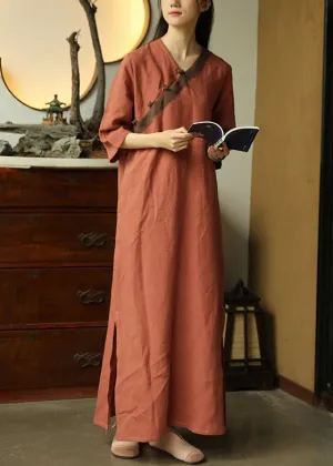 Loose Brick Red Button Side Open Patchwork Linen Dress Half Sleeve ML0089
