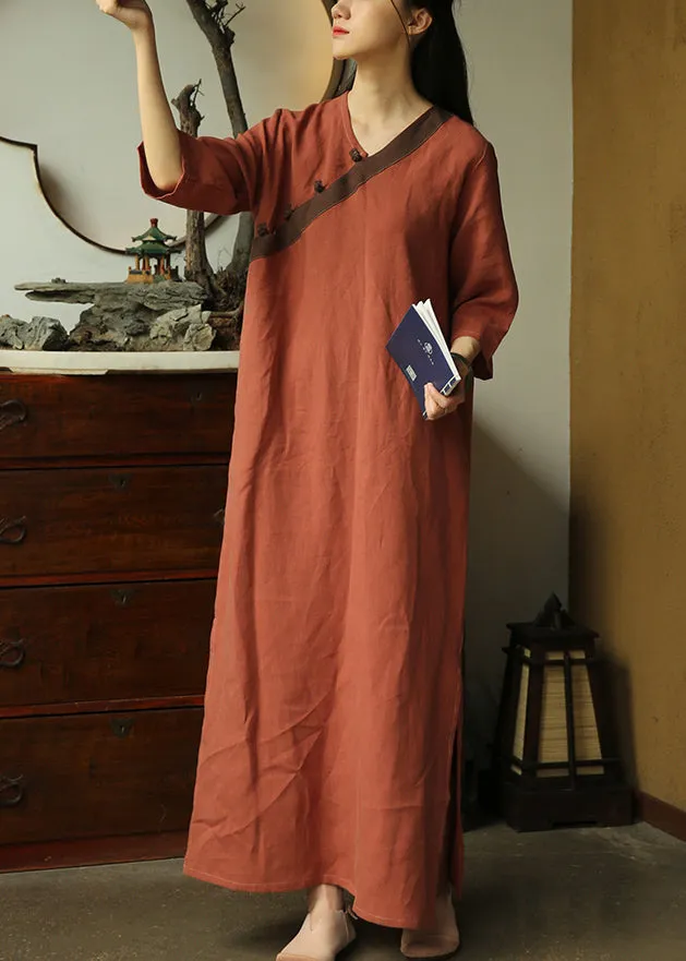 Loose Brick Red Button Side Open Patchwork Linen Dress Half Sleeve ML0089