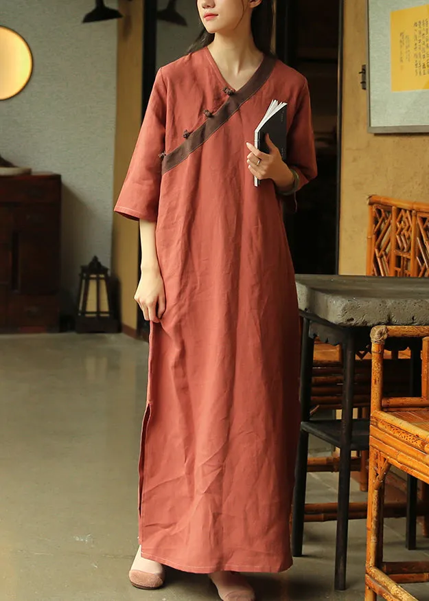 Loose Brick Red Button Side Open Patchwork Linen Dress Half Sleeve ML0089