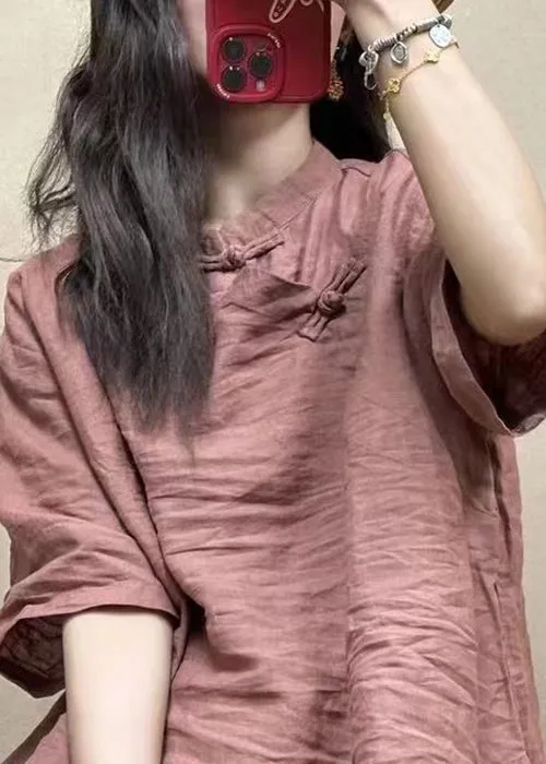 Loose Pink Stand Collar Button Linen Shirts Half Sleeve VV012