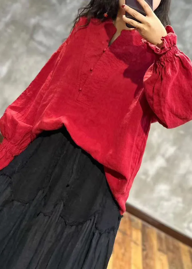 Loose Red Stand Collar Ruffled Linen Shirt Top Fall ML2328