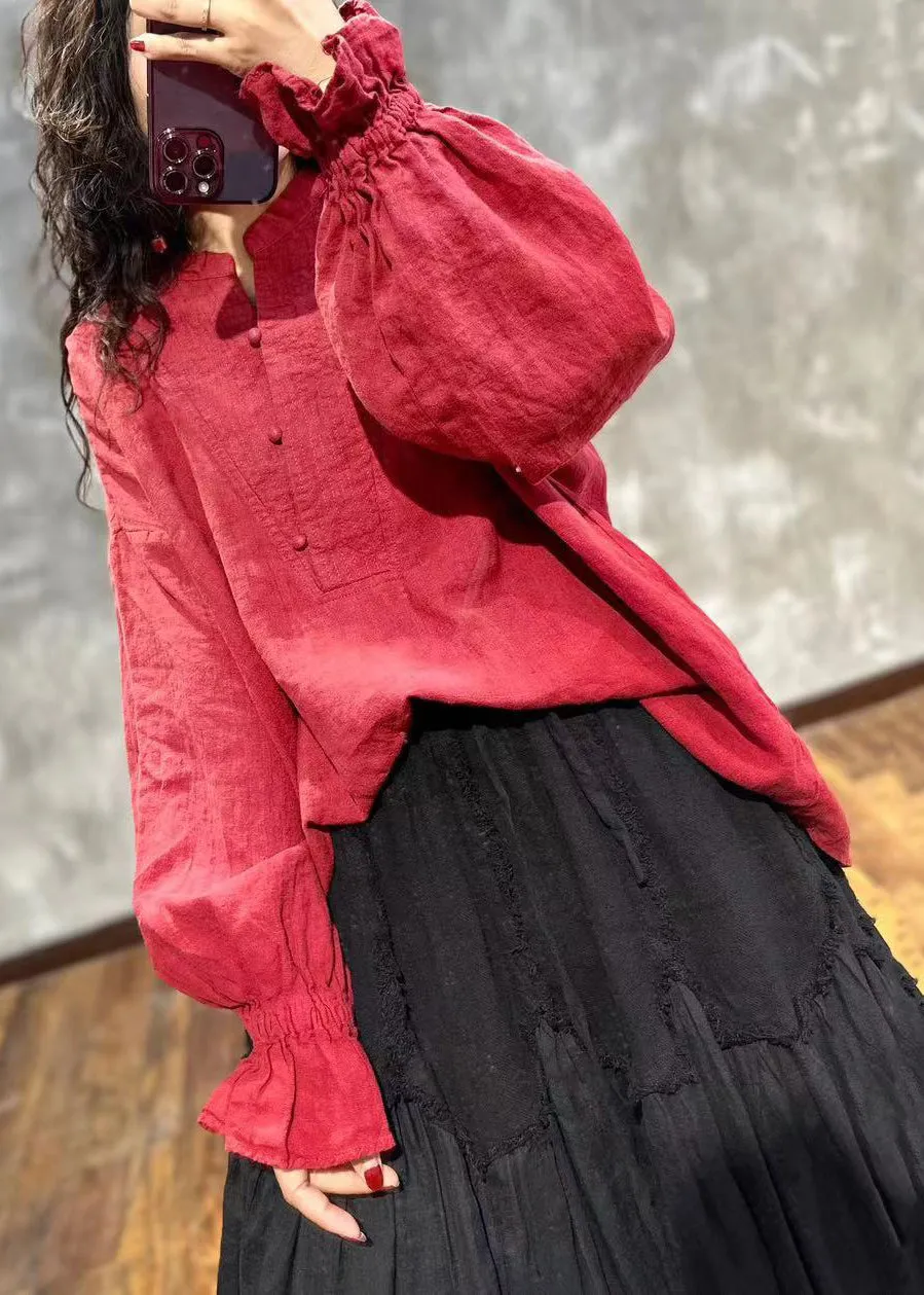 Loose Red Stand Collar Ruffled Linen Shirt Top Fall ML2328