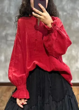 Loose Red Stand Collar Ruffled Linen Shirt Top Fall ML2328