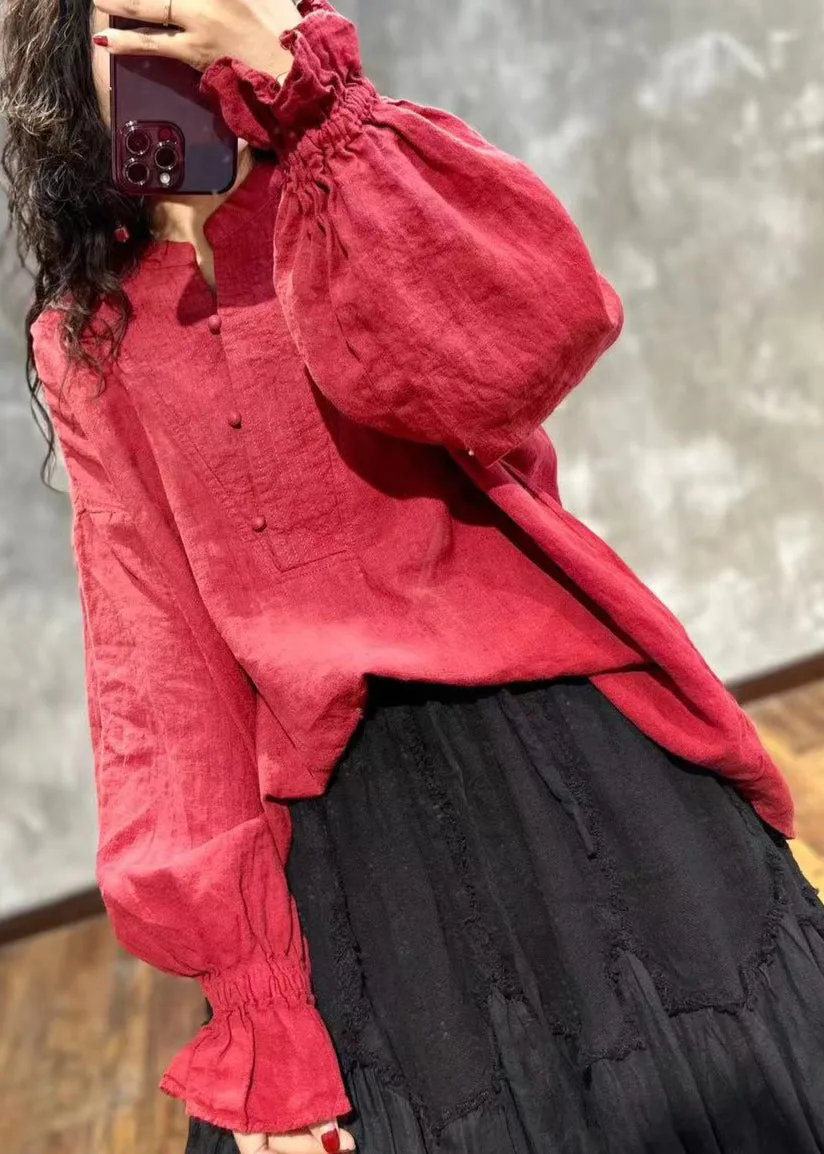 Loose Red Stand Collar Ruffled Linen Shirt Top Fall ML2328