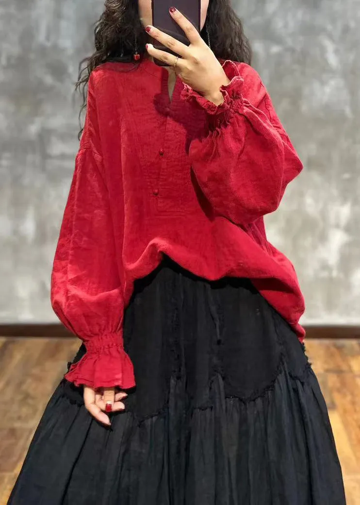 Loose Red Stand Collar Ruffled Linen Shirt Top Fall ML2328