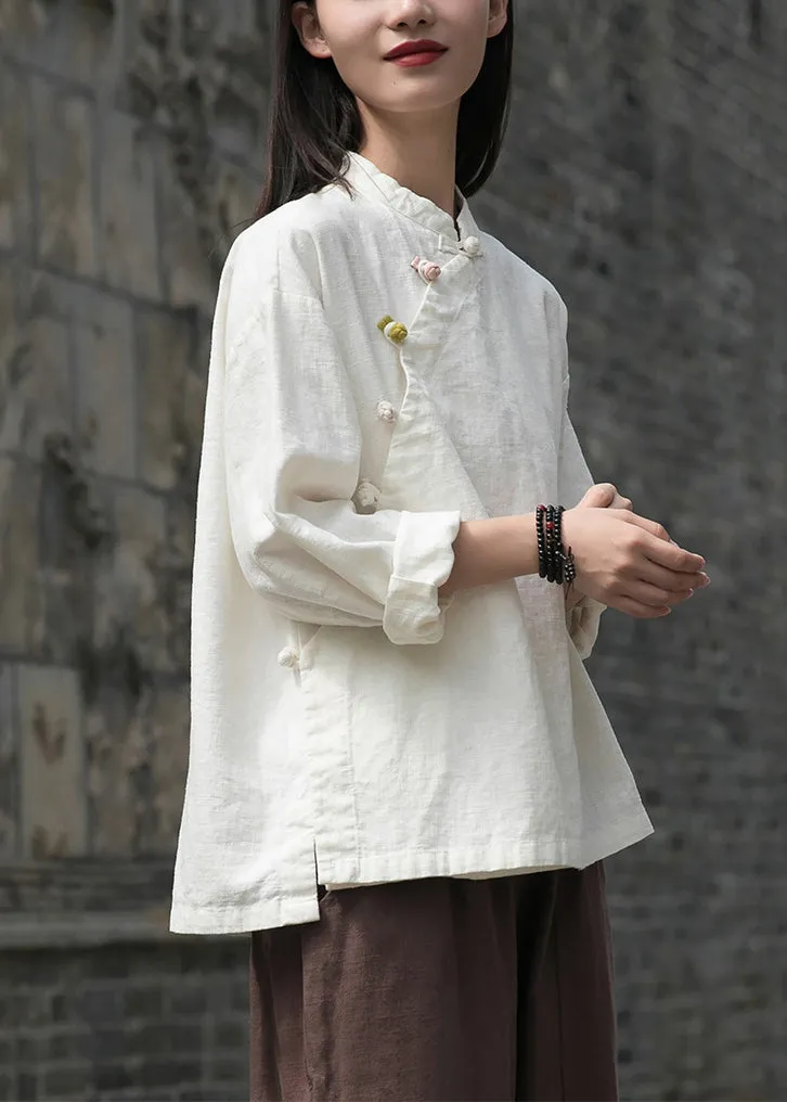 Loose White Button Side Open Patchwork Linen Shirt Top Fall ML2283