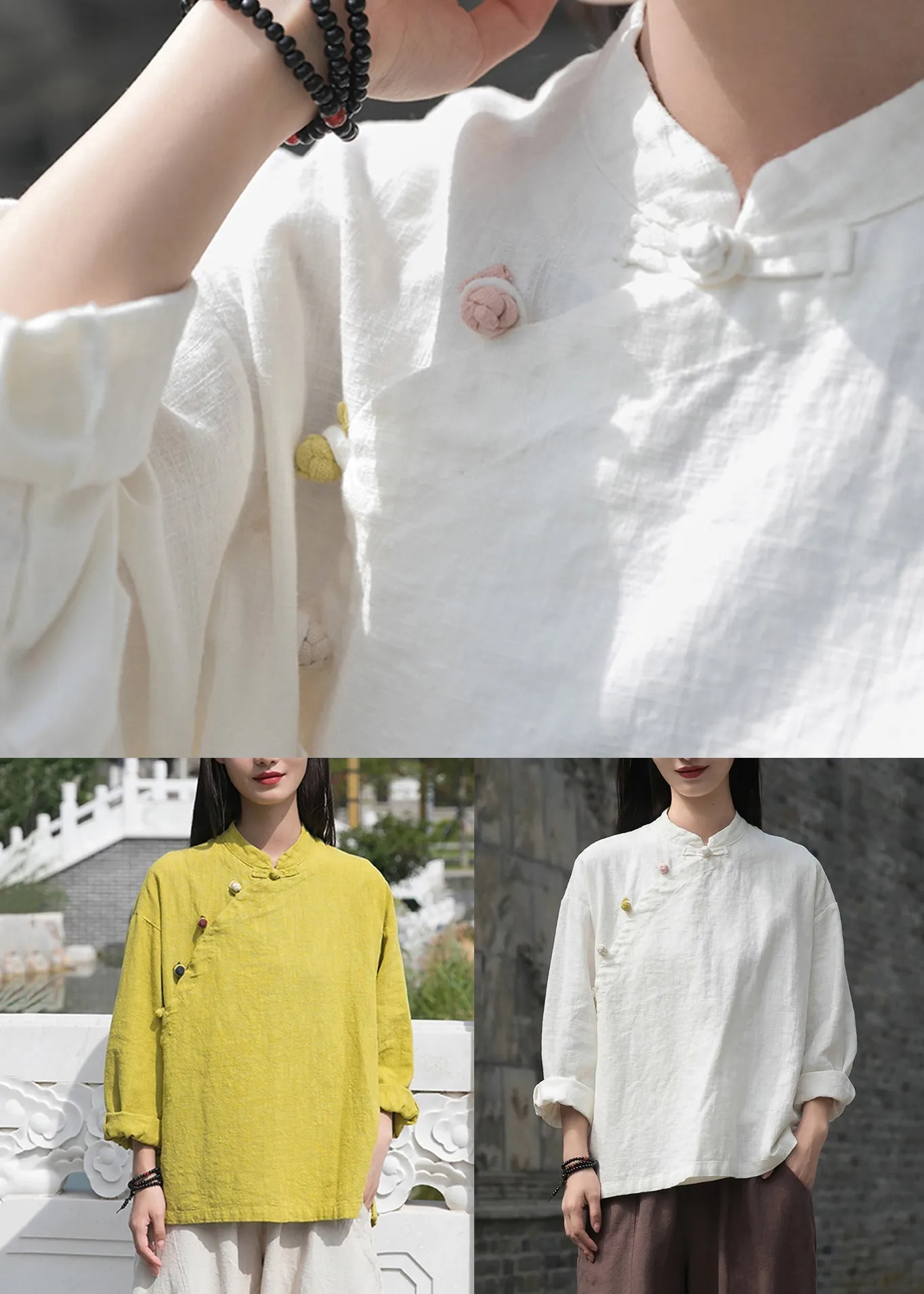 Loose White Button Side Open Patchwork Linen Shirt Top Fall ML2283
