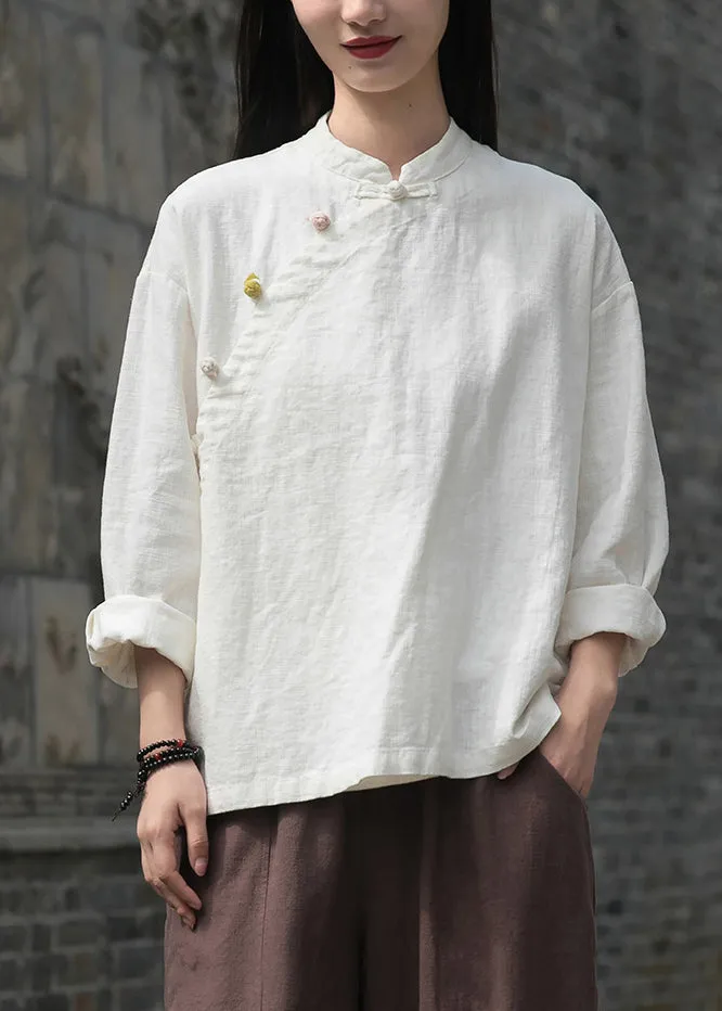 Loose White Button Side Open Patchwork Linen Shirt Top Fall ML2283